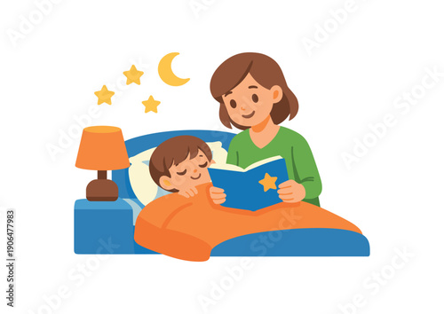 parent reading bedtime story to child bed warm lamp and calm sleep ritual clean shapes. colored flat icon vector illustration