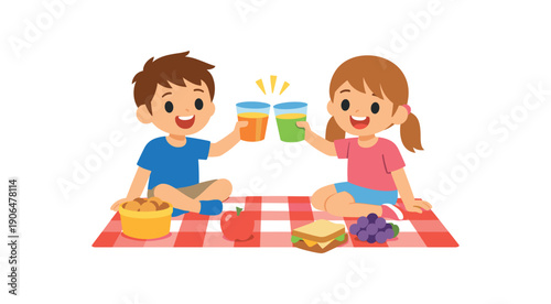 two kids clinking plastic cups with juice on blanket cheers picnic moment clean shapes. colored flat icon vector illustration