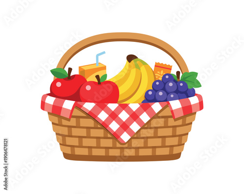 picnic basket full of apples bananas and grapes healthy children picnic snacks clean shapes. colored flat icon vector illustration