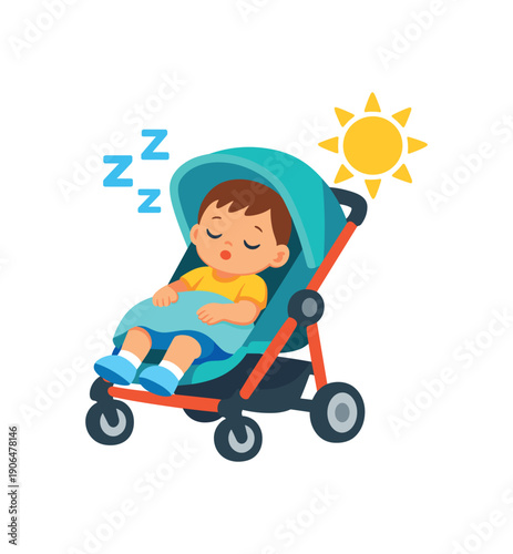 toddler taking daytime nap stroller with sun and tiny short rest routine clean shapes. colored flat icon vector illustration