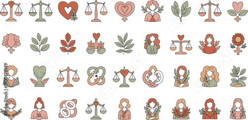 Hand-Drawn Flat Vector Doodle Icon Set Illustrating Women Empowerment Through Balance, Wellbeing, Mindfulness, and Harmonious Lifestyle