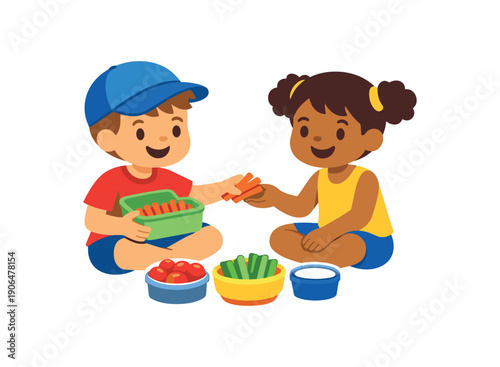 child handing carrot sticks from container to friend sharing picnic veggies clean shapes. colored flat icon vector illustration