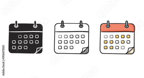 Three simple calendar icons showing days of the month in a grid, each with a slightly different design, useful for scheduling and planning applications