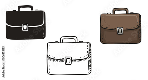 Hand-drawn vector briefcases collection black, brown, outline. Perfect illustrations for business, academic, and travel design needs