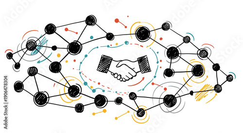 Illustrative graphic of a handshake at the core of an intricate digital network, symbolizing robust business partnerships, technological integration, and collaborative innovation