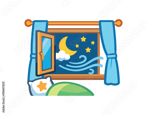 child bedroom window slightly open with moon and breeze lines fresh air for kids sleep clean shapes. colored flat icon vector illustration