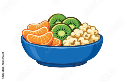 colored flat icon vector illustration office snack bowl with peeled orange segments kiwi slices and handful of popcorn