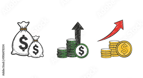 Illustration of money bags and growing stacks of coins with upward arrows representing financial growth and investment success