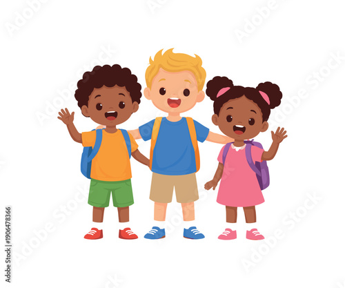 group of three kids of different heights standing side by side diversity childhood clean shapes. colored flat icon vector illustration