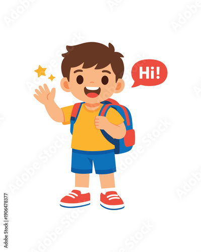 child with backpack waving hello first day of school clean shapes. colored flat icon vector illustration