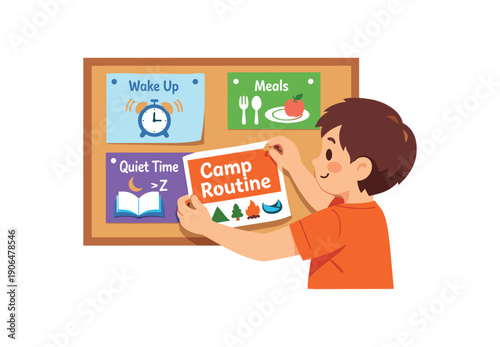 child pinning schedule card to personal board wake up meals quiet time camp routine clean shapes. colored flat icon vector illustration