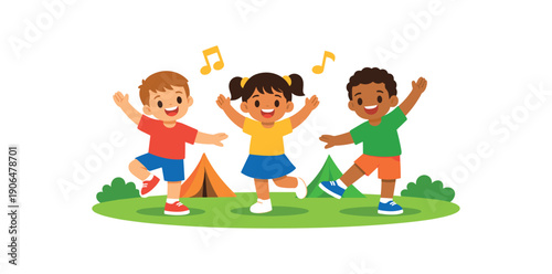 kids practicing simple dance routine on grass for camp show movement and fun clean shapes. colored flat icon vector illustration