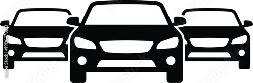 Three car front view silhouettes, modern automobile icons isolated on white background, transportation fleet concept for automotive branding design