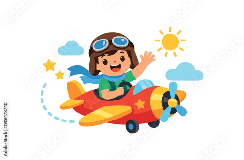 child flying toy airplane air imagination and pretend play clean shapes. colored flat icon vector illustration
