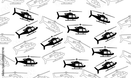 Abstract seamless helicopter pattern with outline and silhouette icon, side view rotor and tail shapes, repeatable vector background for aviation and transportation theme, wallpaper, textile, wrapping