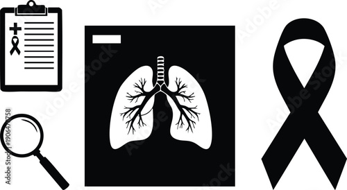 Black and white medical vector icons including clipboard with health ribbon magnifying glass lung xray and awareness ribbon symbol set in minimalist flat design style