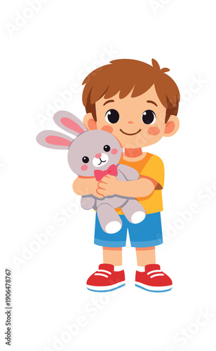 kid holding stuffed bunny toy favorite soft friend clean shapes. colored flat icon vector illustration
