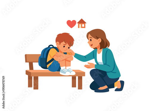 shy child sitting with backpack on bench while counselor kneels and talks gently homesick support clean shapes. colored flat icon vector illustration