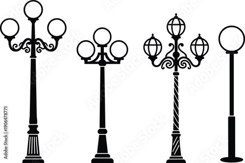 Vintage and modern street lamp silhouettes set, decorative outdoor lighting poles collection, black vector icons isolated on white background
