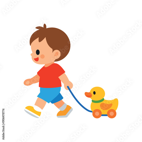 toddler pushing toy duck on string walking companion toy clean shapes. colored flat icon vector illustration