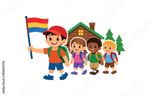 child leading small group holding colored flag cabin team leader role clean shapes. colored flat icon vector illustration