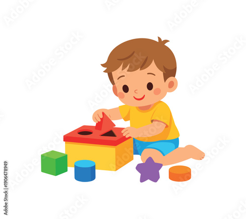 toddler placing shapes into sorter box learning forms and logic clean shapes. colored flat icon vector illustration