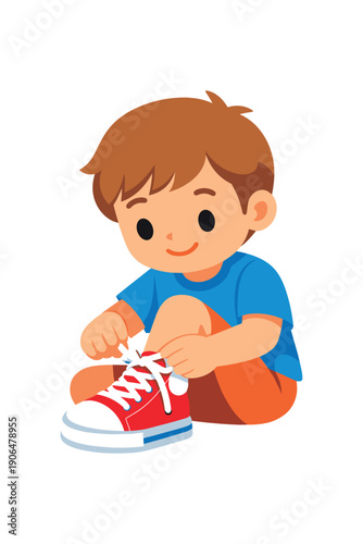 child tying shoelaces on sneaker self care skill learning clean shapes. colored flat icon vector illustration