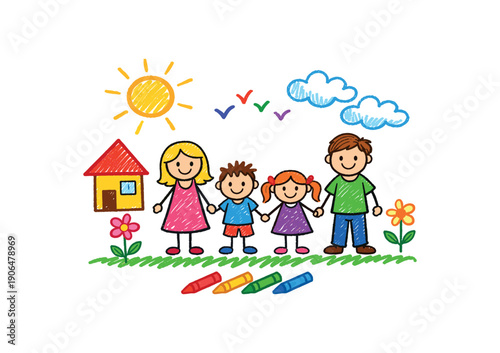kid drawing family picture with crayons creative expression development clean shapes. colored flat icon vector illustration