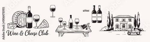 Wine and cheese club with bottles glasses and house
