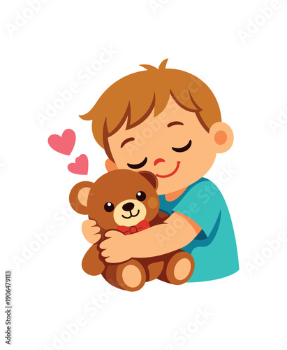 toddler hugging teddy bear emotional bonding and comfort skill clean shapes. colored flat icon vector illustration