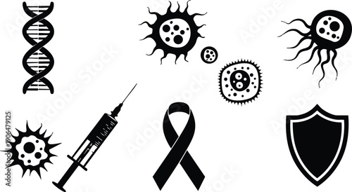 Black and white vector icons of dna helix virus cells syringe ribbon and shield symbol representing medical genetics infection prevention and health protection concepts
