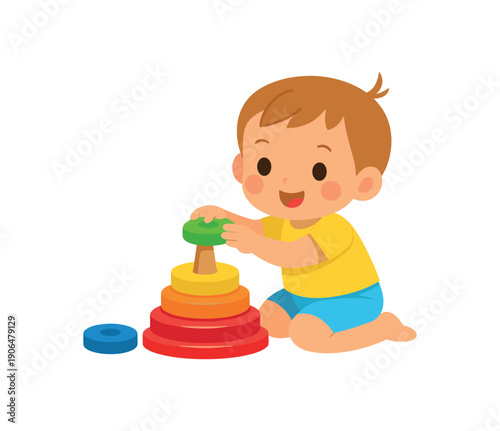 toddler stacking wooden rings on cone classic baby toy clean shapes. colored flat icon vector illustration