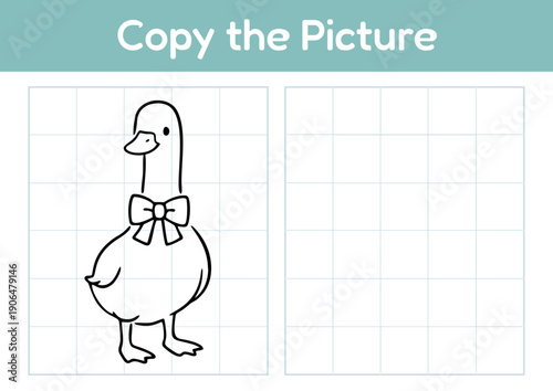 Cartoon duck with a bow tie for copy practice exercise  