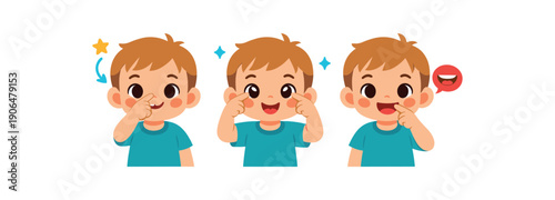 toddler pointing to nose eyes mouth on face body awareness learning clean shapes. colored flat icon vector illustration