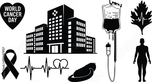 Black and white vector icons representing world cancer day including heart shape ribbon hospital building infusion bag heartbeat leaf silhouette human body symbol