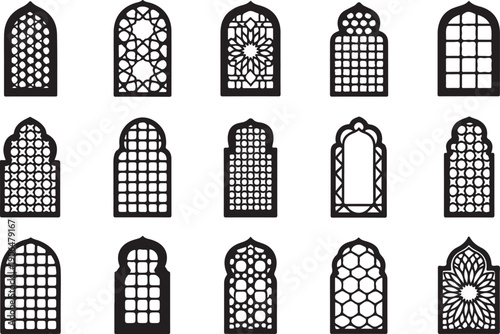 Fifteen black and white Islamic architectural window designs and geometric patterns architecture