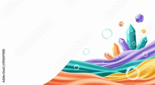 Colorful crystals and flowing waves create an abstract background for creative projects. Vibrantly hued crystals on undulating fabric textures, accompanied by delicate bubbles,
