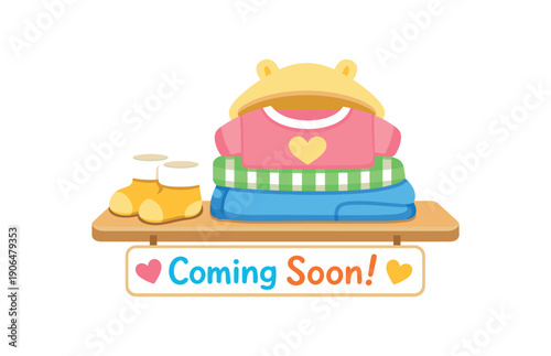 stack of baby clothes and tiny socks on shelf sign of soon arrival clean shapes. colored flat icon vector illustration