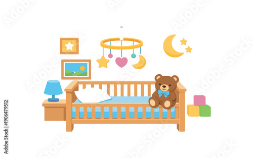 baby room interior with empty crib mobile and tiny teddy waiting for newborn clean shapes. colored flat icon vector illustration
