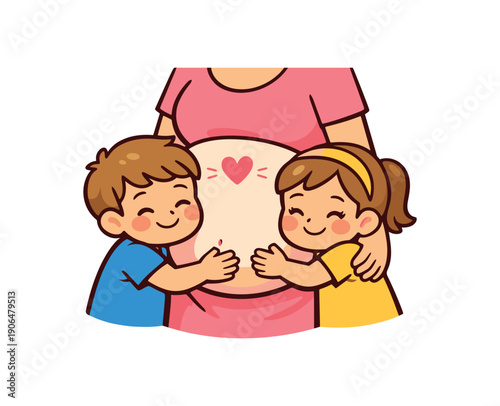 siblings hugging pregnant belly small heart icon waiting for little brother or sister clean shapes. colored flat icon vector illustration
