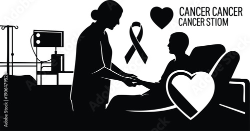 Black and white vector art of nurse holding hand of cancer patient reclining in hospital bed with medical equipment and awareness ribbon heart symbols