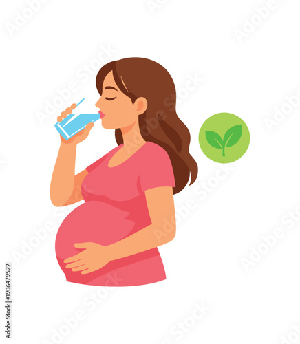 pregnant woman drinking glass of water with tiny leaf icon healthy habits during ожидание ребенка clean shapes. colored flat icon vector illustration