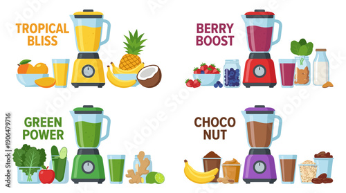 Set of Four Healthy Smoothie Recipe Illustrations with Blenders and Fresh Ingredients: Tropical Fruit, Berry Boost, Green Power, and Choco Nut Protein Shakes in a Vibrant Flat Vector Style.