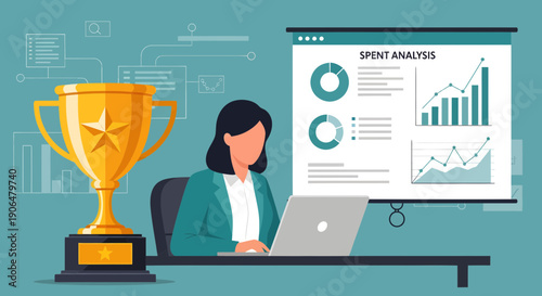 Businesswoman Analyzing Data with Trophy Symbolizing Success in Financial Analysis.