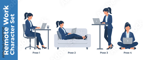 Professional woman in a remote work character set vector illustration, featuring four poses: sitting at a desk, reclining on a sofa, using a standing desk, and sitting on the floor with a laptop.
