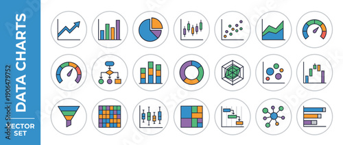 Vector set of colorful data chart icons including line graphs, bar charts, pie diagrams, candlestick charts, scatter plots, area charts, gauges, flowcharts, and infographics for reporting and