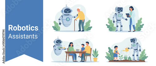 Robotics Assistants Set Featuring AI Humanoid Robots Helping Elderly Woman, Assisting Doctor in Healthcare, Serving Food to Family, and Gardening with Child in Modern Smart Home Illustration
