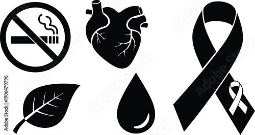 Minimalist solid black vector icons set featuring no smoking sign with crossed cigarette leaf water drop human heart and awareness ribbons arranged on white background