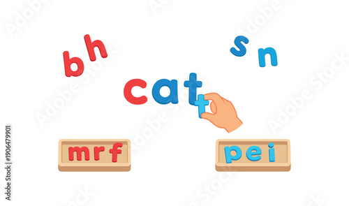 movable alphabet letters laid by child forming simple word Montessori language work clean shapes. colored flat icon vector illustration