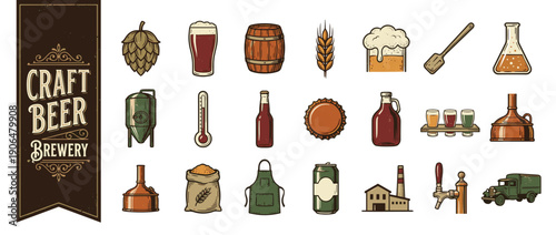 Retro Craft Beer Brewery Icon Collection Featuring Hops, Barley, Barrels, Fermentation Tanks, Copper Kettles, Glassware, Bottles, and Brewing Equipment for Pub, Bar, and Microbrewery Branding.